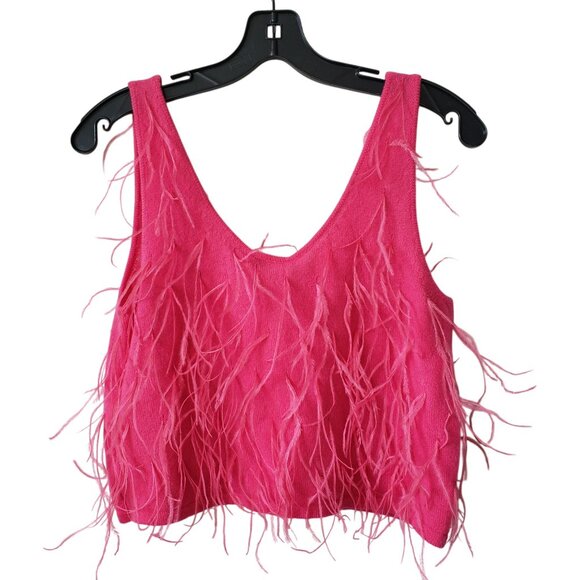 NEW Lapointe Cashmere Ostrich Feather Embroidered Crop Top Hot Pink Boho Chic - Picture 4 of 11